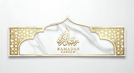 Elegant Golden and White Ramadan Kareem Banner with Ornate Islamic Arch Design and Arabic Calligraphy for Holy Month Celebrations