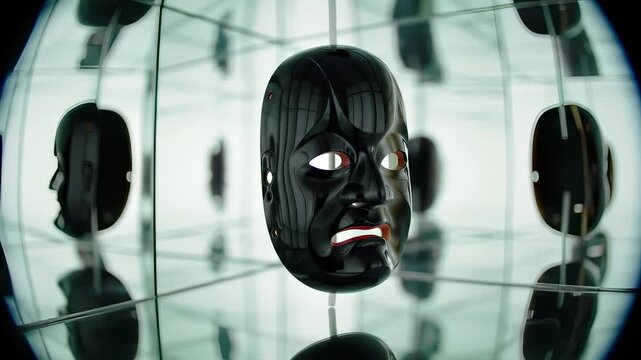 Reflective Black Mask: An Eerie Dance of Shadows and Light within Mirrored Dimensions