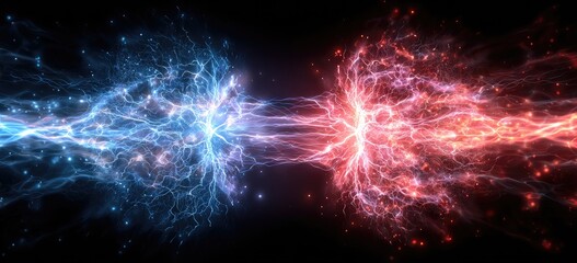 Two opposing energy forces, blue and red, clash and collide in darkness