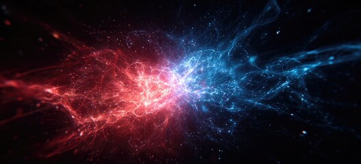 Fototapeta premium Vibrant red and blue nebulas collide in deep space, creating energy trails