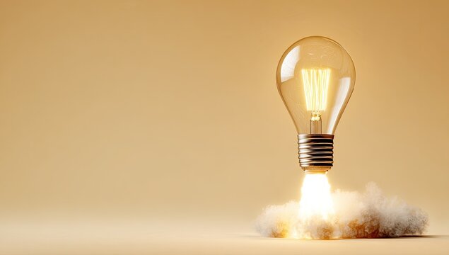 Vintage lightbulb ignites, blasting off on fiery clouds