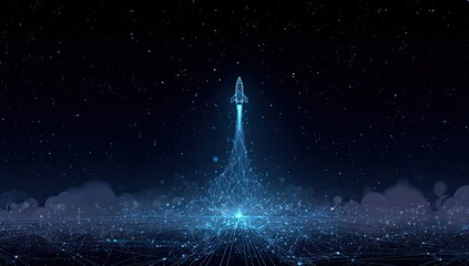 A futuristic rocket ascends from a glowing digital network into starry skies