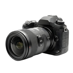 Black digital camera with lens on dark background for photography and videography