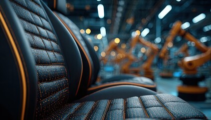 Luxury car seats in production line with robotic arms