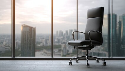 Empty office chair with a city view through large windows