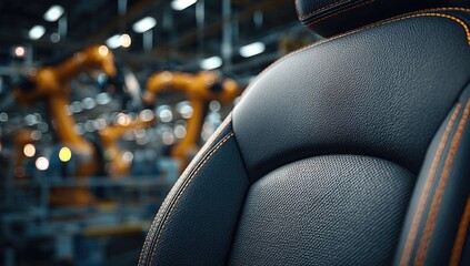 Close-up of a textured car seat with robotic arms in a factory background