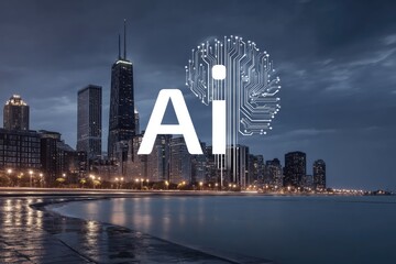 Futuristic cityscape with artificial intelligence brain graphic overlay