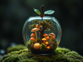 Miniature forest ecosystem in glass terrarium with mushrooms and moss