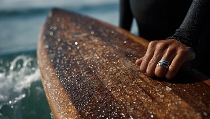 Close-up of a hand on a wooden surfboard with water droplets, ocean waves
