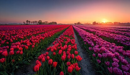 Vast fields of red and pink tulips stretch to the horizon under a soft sunrise