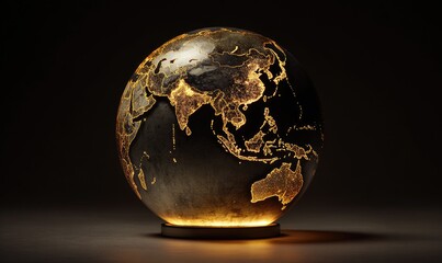 Illuminated globe showing continents with golden light glowing from within