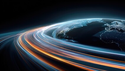 Abstract light trails streak around a glowing, illuminated planet at night