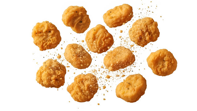 Floating fried chicken nuggets, dynamic view with crumbs scattering, isolated on white or transparent background. PNG