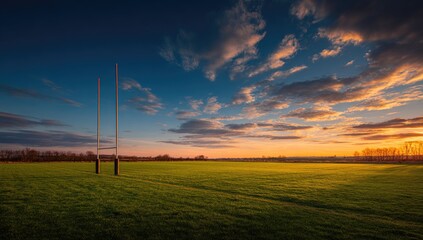 Golden sunset over empty field with goalposts