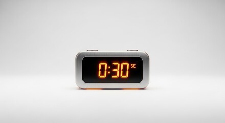 Elegant digital alarm clock with bright display showing thirty seconds on a plain white background