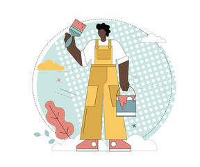 Painter. Concept of repair and painting work. A man with a brush and a bucket of paint. Vector flat illustration