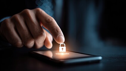 Finger pressing glowing padlock icon on digital device screen, signifying security