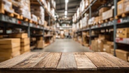 Rustic wooden table in foreground, blurred warehouse aisles with boxes