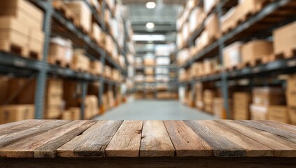 A rustic wooden table sits in the foreground of a blurred, well-stocked storage warehouse