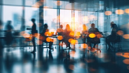 Blurred figures in a modern office, bathed in warm light and bokeh