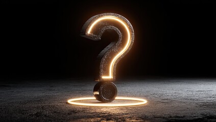 Textured question mark with glowing neon outline on dark, reflective surface