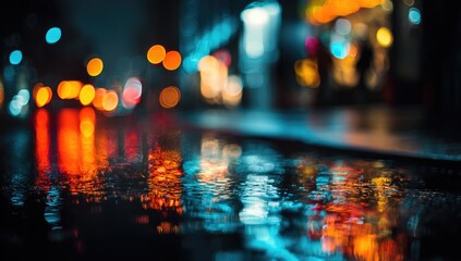 Wet city street reflecting colorful blurred lights at night