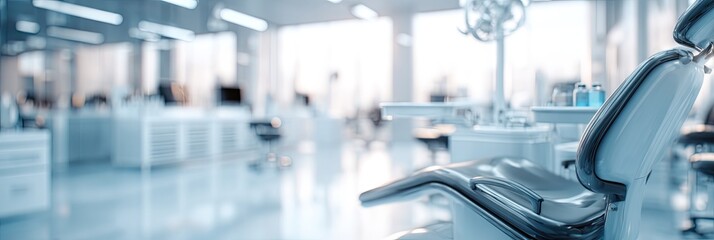 Modern, clean dental clinic interior with examination chair in foreground