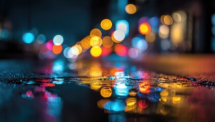 Wet asphalt reflects vibrant bokeh lights of a city at night