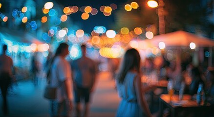 Soft focus night scene shows blurred figures on a vibrant, illuminated street