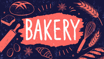 Artisan Bakery Illustration with Hand-Drawn Tools, Whisk, Rolling Pin, and Flour, Vintage Style Vector Sketch for Cooking and Baking Backgrounds