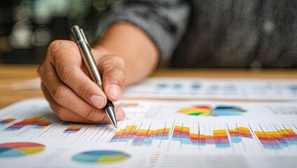 A hand holding a pen over charts and graphs at a desk