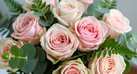 Bouquet of pastel pink roses close-up, floral arrangement