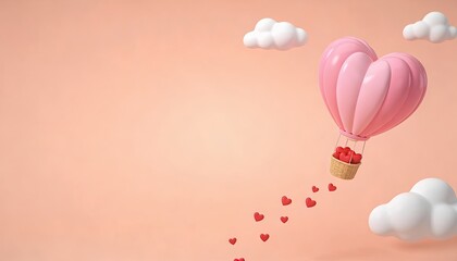 Pink Heart Shaped Hot Air Balloon Carrying Gift Box with Small Hearts Trail on Soft Pastel Background, Romantic Love and Valentine Holiday Concept