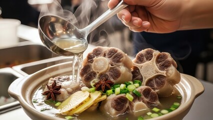 Chef Pouring Stock into Lotus Root Dish.