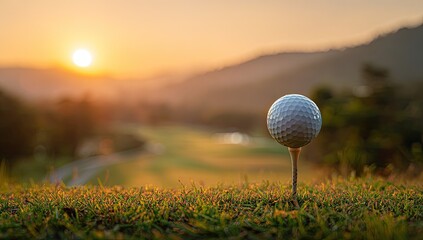 Golf ball on tee at sunrise on a misty course with rolling hills