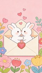 Cute bunny couple hugging inside love envelope with flowers and hearts on soft pink background, romantic valentine illustration concept