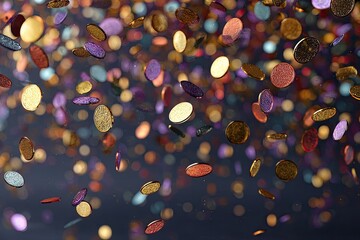 Colorful metallic confetti coins floating and falling, creating a festive, glittering display