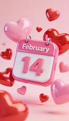 Valentine Day Calendar with February Fourteenth Date and Floating Pink and Red Hearts on Soft Background, Romantic Love Holiday Concept