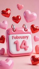 Valentine Day Calendar with February Fourteenth Date and Floating Pink and Red Hearts on Soft Background, Romantic Love Holiday Concept