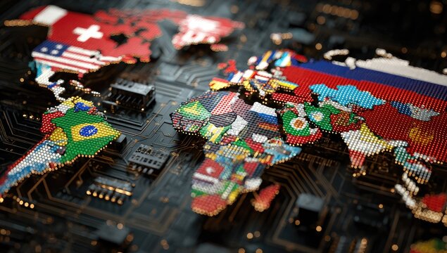 Pixelated world map composed of national flags on a digital circuit board
