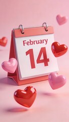Valentine Day Calendar with February Fourteenth Date Surrounded by Floating Red and Pink Hearts on Soft Background, Romantic Love Holiday Concept
