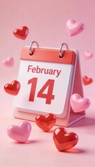 Valentine Day Calendar with February Fourteenth Date Surrounded by Floating Red and Pink Hearts on Soft Background, Romantic Love Holiday Concept