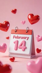 Valentine Day Calendar with February Fourteenth Date Surrounded by Floating Red and Pink Hearts on Soft Background, Romantic Love Holiday Concept