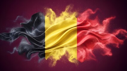 Fototapeta premium Artistic Belgium flag with smoke and particle effects. National strength and patriotic identity. Abstract Belgian flag colors flowing with energy and grit on a dark background