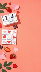 Valentine Day Flat Lay with Calendar February Fourteenth, Hearts and Chocolate on Coral Background with Copy Space, Romantic Holiday Composition