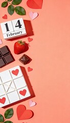 Valentine Day Flat Lay with Calendar February Fourteenth, Hearts and Chocolate on Coral Background with Copy Space, Romantic Holiday Composition