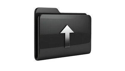 Glossy black folder icon with upload arrow symbol, isolated on a black background