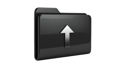 Glossy black folder icon with upload arrow symbol, isolated on a black background
