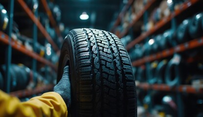 Hand in glove holding a new tire in a dimly lit warehouse