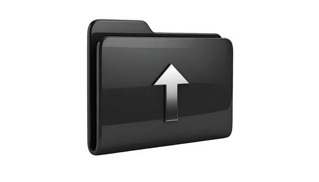 Glossy black folder icon with upload arrow symbol, isolated on a black background - Powered by Adobe